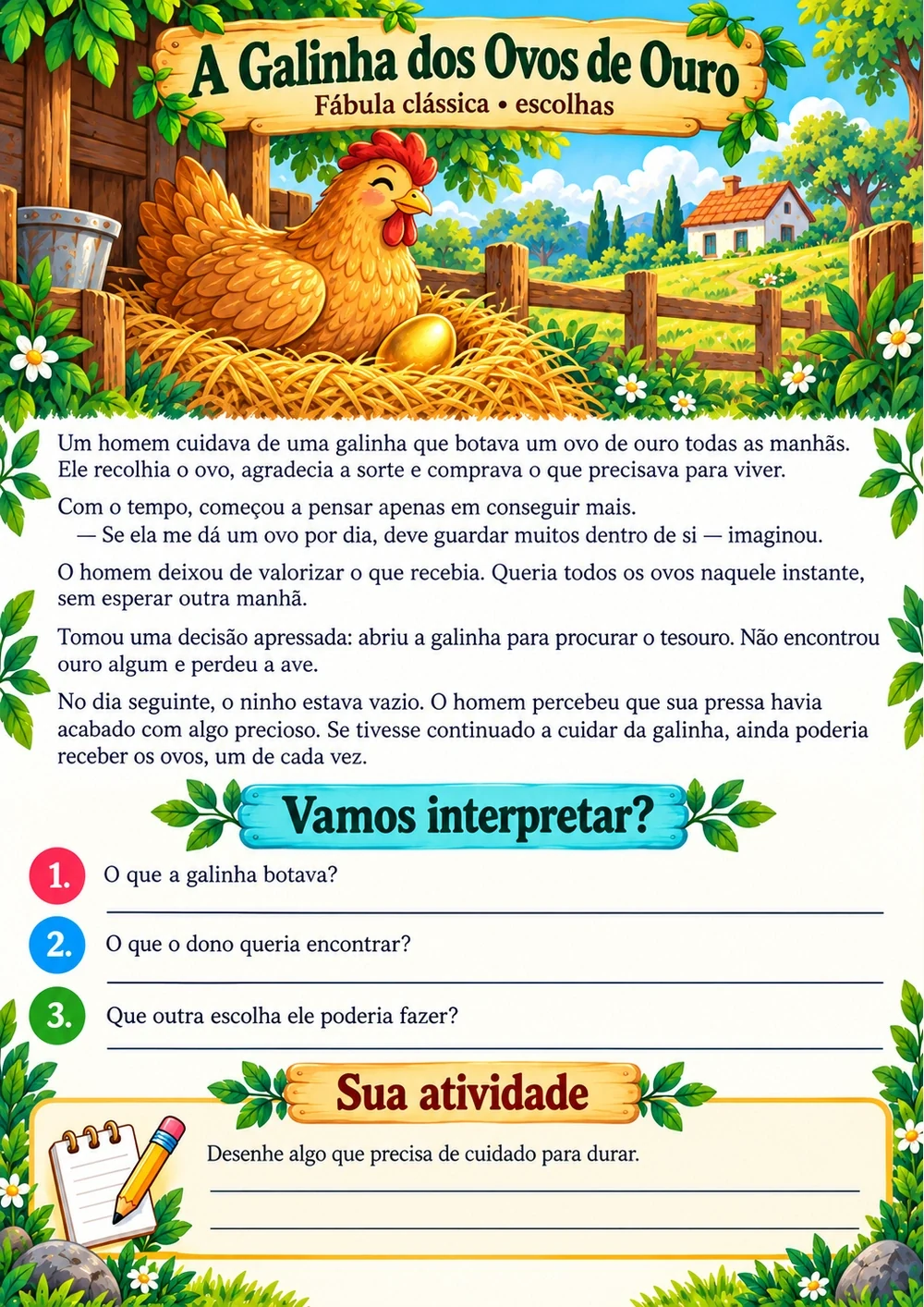 A Galinha dos Ovos de Ouro — história completa, ilustração e perguntas de interpretação