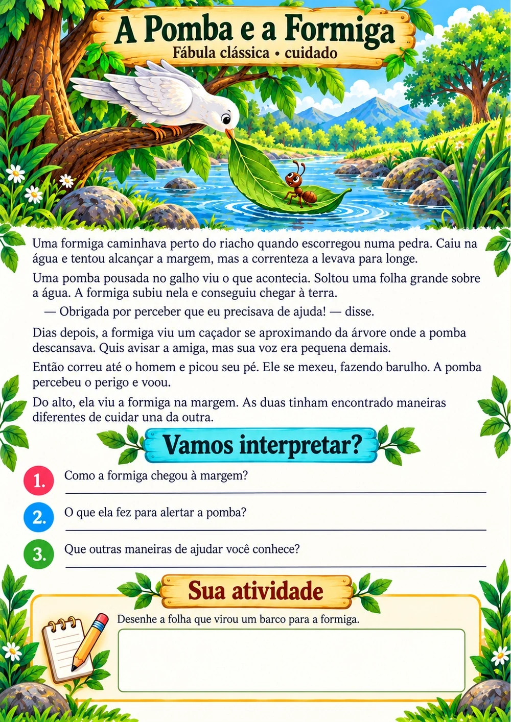 A Pomba e a Formiga — história completa, ilustração e perguntas de interpretação