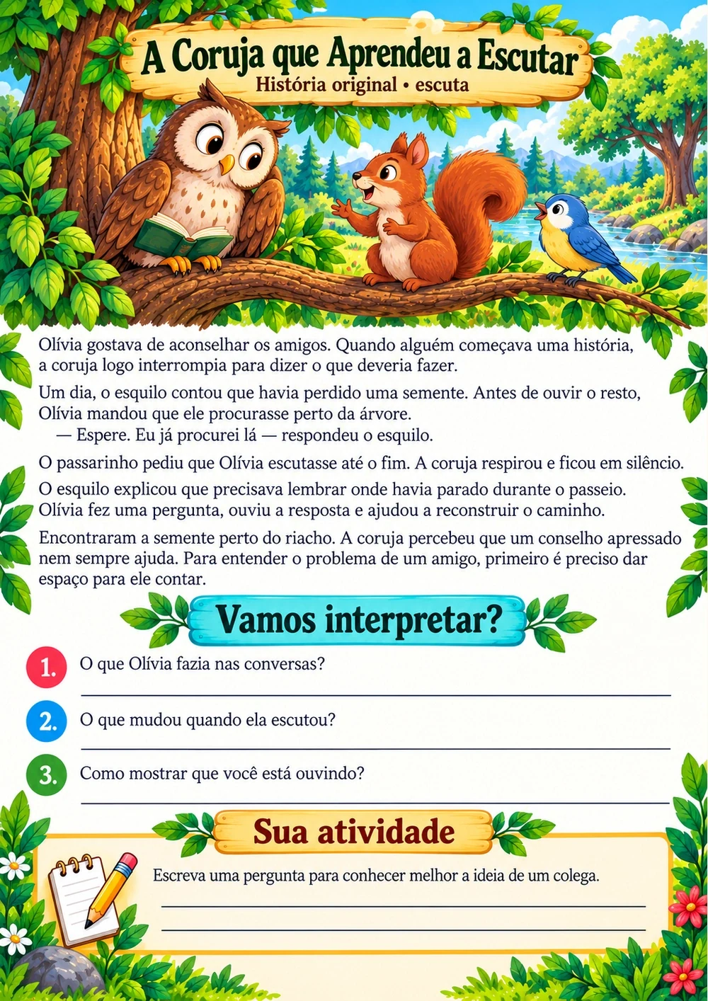 A Coruja que Aprendeu a Escutar — história completa, ilustração e perguntas de interpretação