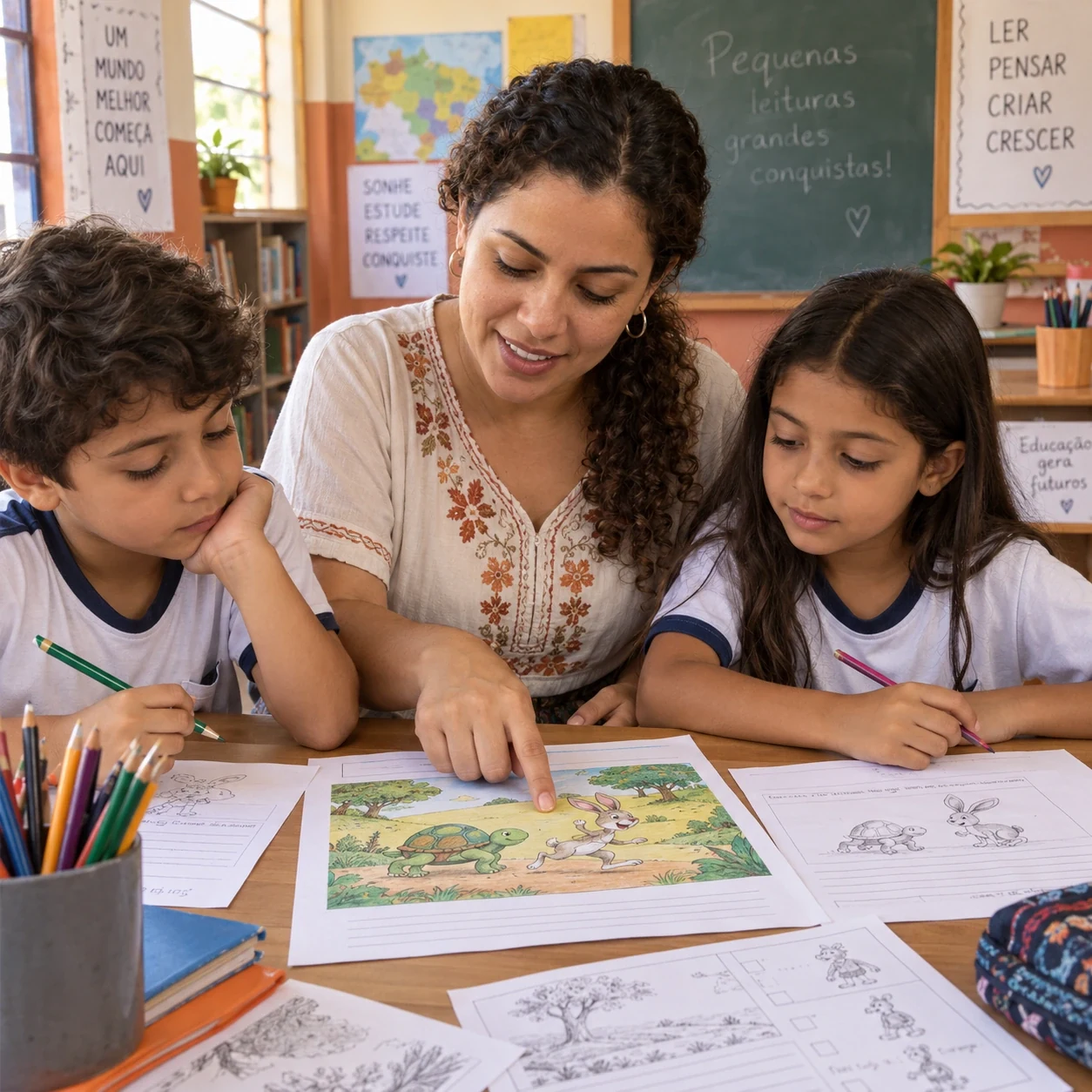 Cena ilustrativa de professora e crianças usando uma história impressa na sala de aula